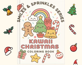 May include: A "Kawaii Christmas Coloring Book" with adorable designs for all ages. The cover features a gingerbread man, Christmas tree, bell, and rainbow. Text reads "Smiles & Sprinkles Series" and "31 cute Christmas-themed pages inside!"