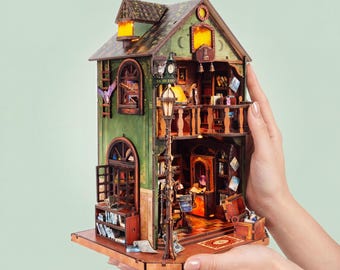 DIY Miniature House Kit, 3D Puzzle with LED Lights (Owl Library)