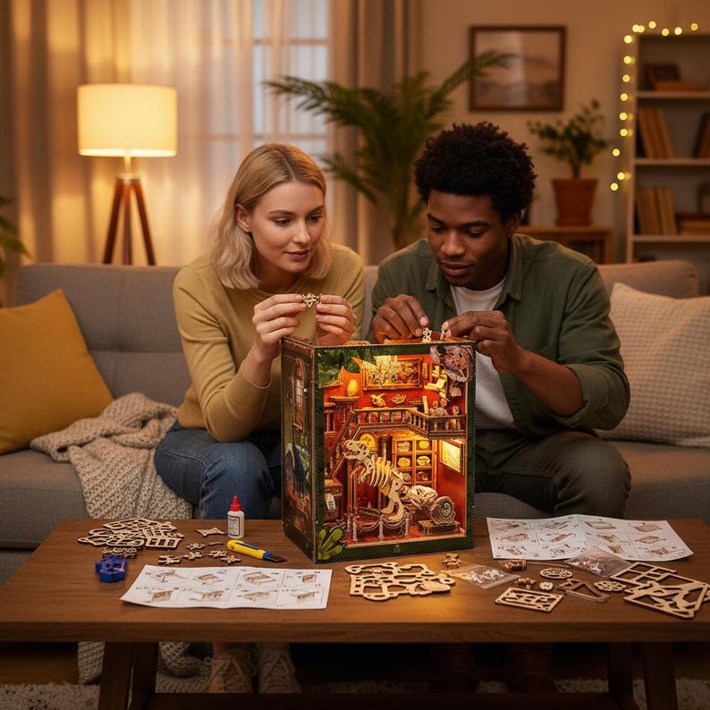 Book Nook Bausatz "Weihnachtszimmer" – 3D Holz-Deko Mit LED & Musik, Drehbarer Baum, DIY Geschenk