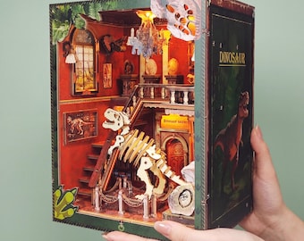 DIY Book Nook Kit, 3D Puzzle Miniature with LED Lights (Dinosaur Museum)