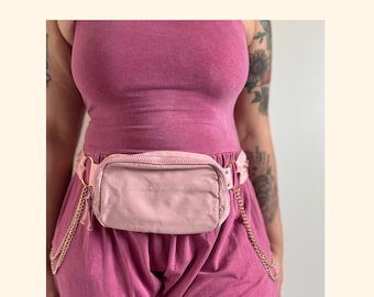 Plus Size Rave Fanny Pack Belt | Handmade Festival Bag with Chains | Size Adjustable Ravewear | Pink