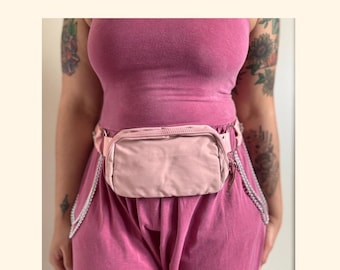 Plus Size Rave Fanny Pack Belt | Handmade Festival Bag with Chains | Size Adjustable Ravewear | Pink