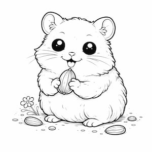 May include: A black and white illustration of a cute hamster holding a seed. The hamster has large, round eyes and a happy expression. A small flower and several seeds are scattered around the hamster.