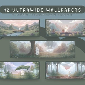 May include: A digital collection titled 12 ULTRAWIDE WALLPAPERS featuring 6 ultrawide and 6 super ultrawide landscape illustrations. Each scene depicts a small white rabbit in various natural settings including forests, bridges, and meadows.