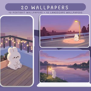 May include: Digital wallpaper set with a bunny in sunset scenes. The image shows a phone and laptop displaying the wallpapers, with text at the top reading "20 WALLPAPERS". Includes 10 portrait and 10 landscape wallpapers.