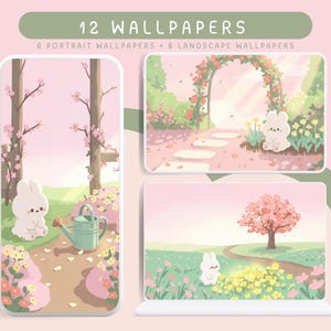 May include: A digital collection of 12 wallpapers featuring 6 portrait and 6 landscape designs. The illustrations depict a white rabbit in pastel-coloured garden scenes with flowers, trees, and a watering can. The text 12 WALLPAPERS is visible.