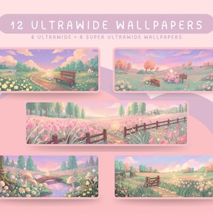 ultraszeroka tapeta z motywem łąki z kwiatami duchów, wiosenna, kawaii, pastelowa, kwiatowa ilustracja, super ultraszeroka tapeta na pulpit 21 9 32 9