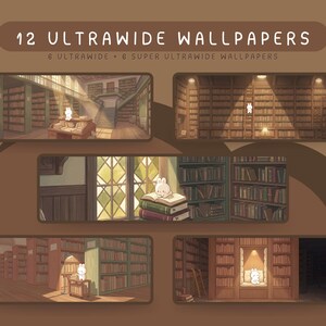 Peut inclure: Une collection numérique de 12 fonds d'écran ultra-larges représentant un petit lapin blanc dans diverses bibliothèques. Le texte indique 12 ULTRAWIDE WALLPAPERS et 6 ULTRAWIDE + 6 SUPER ULTRAWIDE WALLPAPERS. Les scènes incluent des étagères et des bureaux.