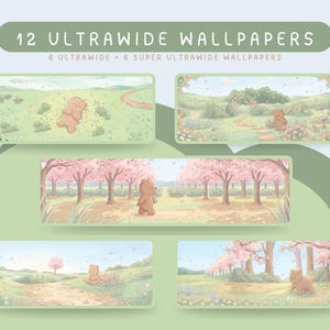 Ultrabreit-Bären-Frühlings-Sakura-Wallpaper-Bundle, pastellfarbene Kirschblüten, gemütliche Bärenillustration, superbreit 21:9 32:9 Desktop-Hintergrund