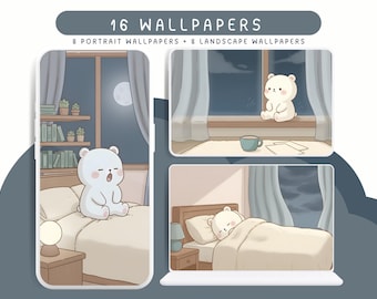 blue bear night routine wallpapers cute phone tablet desktop laptop kawaii background cozy pastel bear illustration