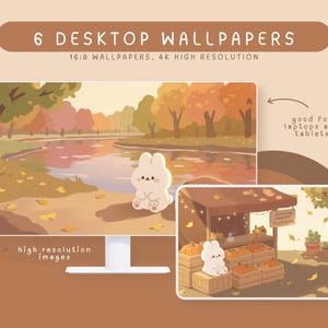 Puede incluir: Una pantalla digital que muestra 6 fondos de pantalla de escritorio con temas otoñales, con un conejo de dibujos animados blanco junto a un río y un puesto de calabazas. El texto incluye 6 DESKTOP WALLPAPERS, 16:9 WALLPAPERS, 4K HIGH RESOLUTION y más.