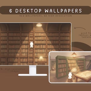 May include: A set of 6 desktop wallpapers in 16:9 aspect ratio and 4K resolution. The images feature a library interior with tall bookshelves, a rolling ladder, a globe, and a small white rabbit character. Text includes 6 DESKTOP WALLPAPERS.
