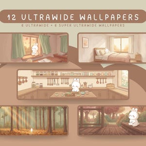 May include: A digital collection of 12 ultrawide wallpapers featuring a white cartoon rabbit in various settings, including a bedroom, kitchen, and forest. The text 12 ULTRAWIDE WALLPAPERS and 6 ULTRAWIDE + 6 SUPER ULTRAWIDE WALLPAPERS is visible.