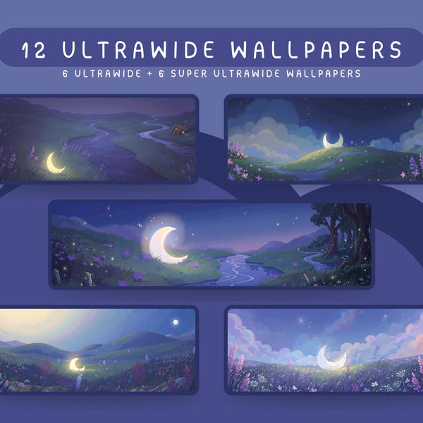 Bundel met ultrabrede halve maan, maanlicht en weidebehang, dromerige nachtelijke hemel, kawaii-illustratie, super ultrabreed 21:932:9 bureaubladachtergrond