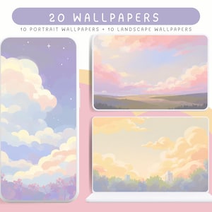 Puede incluir: Conjunto de fondos de pantalla digitales con diseños de paisajes de nubes y cielo. La imagen muestra un teléfono y dos dispositivos que muestran los fondos de pantalla. El texto en la parte superior dice "20 WALLPAPERS". La paleta de colores incluye tonos pastel de rosa, morado y amarillo.