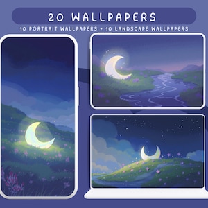 May include: Digital wallpapers featuring a crescent moon over a landscape, displayed on a phone, laptop, and tablet. The image includes the text "20 WALLPAPERS" and "10 PORTRAIT WALLPAPERS + 10 LANDSCAPE WALLPAPERS". The background is a dark blue.