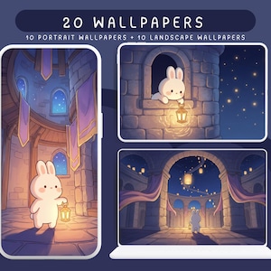 May include: Digital wallpapers featuring a cute cartoon bunny holding a lantern in a castle setting. The image shows a phone and laptop displaying the wallpapers, with the text "20 WALLPAPERS" and "10 PORTRAIT WALLPAPERS + 10 LANDSCAPE WALLPAPERS".