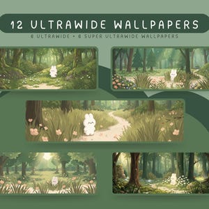 Ultrabred kawaii kanin grön skog tapetpaket pastell skog mysig kanin illustration super ultrabred 21 9 32 9 skrivbordsbakgrund