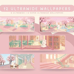 Könnte beinhalten: Eine digitale Sammlung von 12 Ultrawide-Hintergrundbildern mit pastellrosa Szenen und einem weißen Hasen. Der Text lautet 12 ULTRAWIDE WALLPAPERS und 6 ULTRAWIDE + 6 SUPER ULTRAWIDE WALLPAPERS. Die Szenen zeigen Schulgelände, eine Bibliothek und Flure.