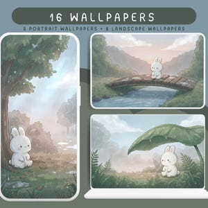 May include: Digital wallpapers featuring a cute white bunny in a rainy forest scene. The image shows the wallpapers displayed on a phone, tablet, and laptop. The text at the top says "16 Wallpapers".