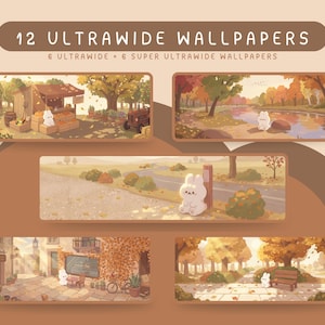 May include: A digital collection of 12 ultrawide wallpapers featuring a white rabbit character in various autumn scenes. The text reads 12 ULTRAWIDE WALLPAPERS and 6 ULTRAWIDE + 6 SUPER ULTRAWIDE WALLPAPERS. The color palette consists of warm brown and orange tones.