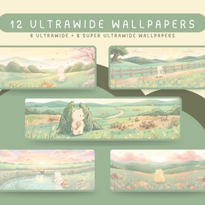 Könnte beinhalten: Eine digitale Sammlung von 12 Ultrawide-Hintergrundbildern mit sanften, pastellfarbenen Landschaftsillustrationen. Jede rechteckige Szene zeigt einen kleinen weißen Bären in verschiedenen Außenbereichen, mit dem Text 12 ULTRAWIDE WALLPAPERS und 6 ULTRAWIDE + 6 SUPER ULTRAWIDE WALLPAPERS.