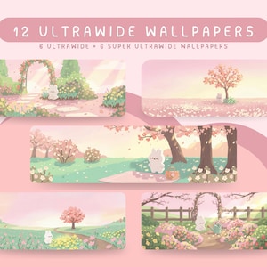 Może przedstawiać: Obraz produktu cyfrowego przedstawiający 12 tapet ultrawide. Tapety przedstawiają pastelowe ilustracje scen ogrodowych z króliczkami, drzewami i kwiatami. Ogólna estetyka jest miękka i marzycielska. Tekst u góry brzmi "12 Ultrawide Wallpapers".