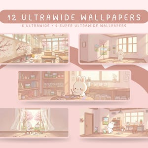 Może przedstawiać: Cyfrowa kolekcja 12 tapet typu ultrawide przedstawiająca białego królika w różnych wnętrzach. Tekst głosi 12 ULTRAWIDE WALLPAPERS oraz 6 ULTRAWIDE + 6 SUPER ULTRAWIDE WALLPAPERS. Paleta kolorów składa się z delikatnych odcieni różu i pasteli.