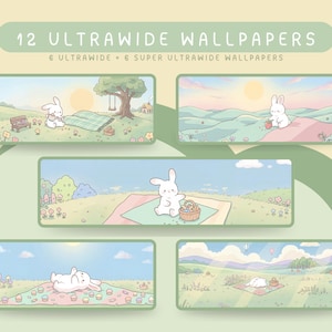 Może przedstawiać: Cyfrowa kolekcja 12 tapet ultrawide z pastelowymi ilustracjami białych królików w plenerze. Na górze widnieje tekst 12 ULTRAWIDE WALLPAPERS oraz 6 ULTRAWIDE + 6 SUPER ULTRAWIDE WALLPAPERS.
