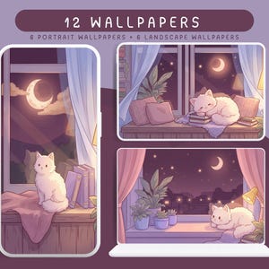 Chat blanc rebord de fenêtre violet nuit fonds d'écran mignon téléphone tablette de bureau ordinateur portable rêveur nuit confortable illustration d'arrière-plan