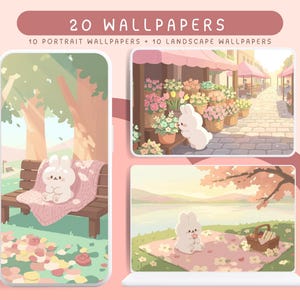 Puede incluir: Conjunto de fondos de pantalla digitales con 20 diseños, 10 verticales y 10 horizontales. Las imágenes muestran un conejito en varias escenas, como un banco en un parque, una floristería y un picnic. El texto "20 WALLPAPERS" se muestra en la parte superior.