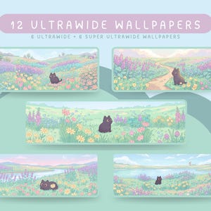 Könnte beinhalten: Eine digitale Sammlung von 12 Ultrawide-Hintergrundbildern, bestehend aus 6 Ultrawide- und 6 Super-Ultrawide-Landschaftsillustrationen. Jede Szene zeigt eine kleine schwarze Katze in einer pastellfarbenen Wiese mit Blumen und Hügeln.