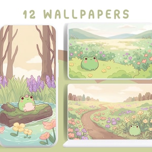 Puede incluir: Fondos de pantalla digitales con una rana de dibujos animados en paisajes idílicos. Las imágenes muestran una rana en un tronco, una rana en un campo de flores y un camino a través de un prado. El texto "12 WALLPAPERS" se muestra en la parte superior.