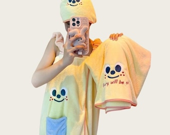 4-Piece Coral Fleece Bath Towel Set, Wearable Cartoon Skirt, Face Towel, Cap