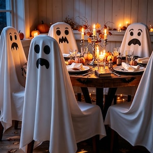 Puede incluir: Una mesa de comedor preparada para una reunión estacional con sillas cubiertas por telas blancas con caras de fantasmas negras. La mesa está decorada con pequeñas calabazas naranjas, un candelabro plateado con velas y un mantel negro.