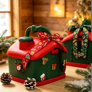 Peut inclure: Un récipient en forme de maison vert foncé et rouge avec une poignée, orné de petites icônes sur le thème des fêtes comme un visage de Père Noël, un cadeau et une moufle. Un ruban rouge à motifs festifs est noué autour de la poignée et du toit.