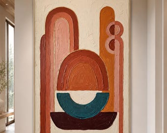 Abstract Arch Oil Painting, Textured Terracotta and Teal Art, Mid Centilury Modern Canvas