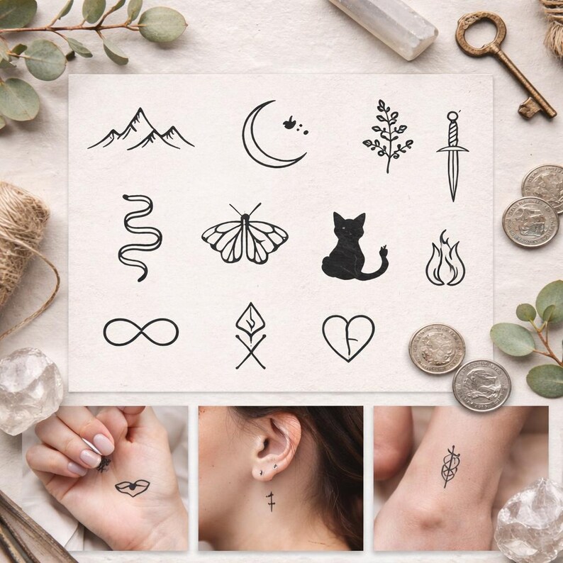 Small Tattoo Flash Sheet • Minimal Nature Micro Tattoos • Fine Line ...