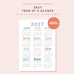 May include: A 2027 year at a glance printable calendar featuring twelve months arranged in a grid. Each month name is displayed in a different pastel color with corresponding dates below. A circular orange badge reads INSTANT DOWNLOAD.