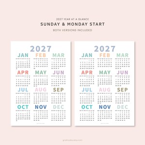 May include: Two 2027 year-at-a-glance calendars displayed side-by-side on a light pink background. Each calendar features the year 2027 in blue, with months labeled in pastel colors and dates listed below. Text reads 2027 YEAR AT A GLANCE SUNDAY & MONDAY START BOTH VERSIONS INCLUDED.