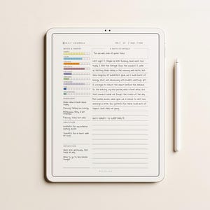 May include: A digital tablet displaying a daily journal template with sections for mood and energy tracking, a note to self, highlights, gratitude, and reflection. The screen shows handwritten text and a white stylus rests beside the tablet.