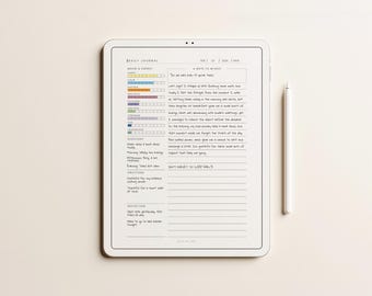 Może przedstawiać: Tablet cyfrowy wyświetlający szablon dziennika z sekcjami do śledzenia nastroju i energii, notatką dla siebie, najważniejszymi wydarzeniami, wdzięcznością i refleksją. Obok tabletu znajduje się biały rysik do ekranów dotykowych.