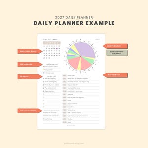 May include: A 2027 daily planner page featuring a November calendar, a circular time-tracking chart with multicolored segments, a top priorities section, a to-do list, and a gratitude section, with orange labels pointing to specific layout features.