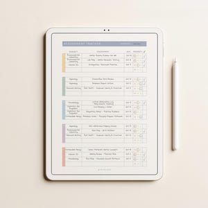 May include: A digital tablet displaying an assignment tracker template with a white stylus pen beside it. The screen shows a grid with columns for subject, assessment, due date, and priority, organized by color-coded rows with handwritten text.