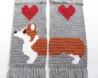 Corgi Scarf.  Gray knit and crochet scarf with Welsh corgi dogs.  Scarves with Pembroke welsh corgis and red hearts. Corgi gift