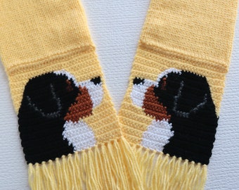 Bernese Mountain Dog Scarf. Yellow, crochet and knitted scarf with mountain dogs . Bernese gifts. Pet lover gift