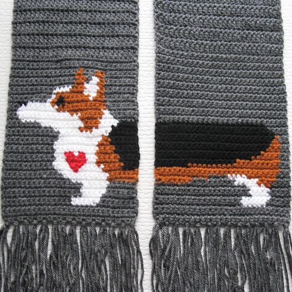 Corgi Crochet Pattern. DIY scarf with a tricolor or sable welsh corgi dog. Instant download dog scarf instructions