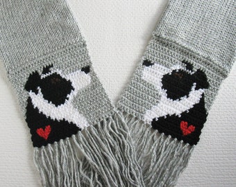 Border Collie Scarf. Grey knit with black and white  dogs and hearts