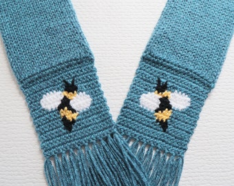 Glacier blue knit scarf with honeybees. Handmade, Bee keeper gift