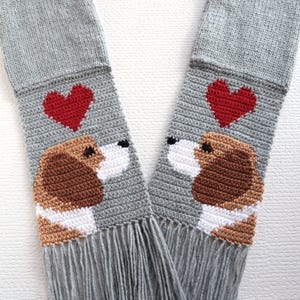 Beagle Scarf. Gray knit scarf with beagle dogs and hearts. Beagle dog lover gift